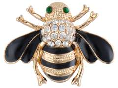 Dekorative Brosche Biene mit Zirkonia, gold-schwarz mit grünen Augen