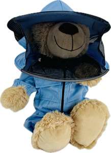 Teddybär Imker in blauem Imkeranzug